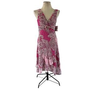 Vtg Y2K 2000s NWT Sleeveless Pink Paisley Dot Babydoll Tiered Flare Dress Sz 8